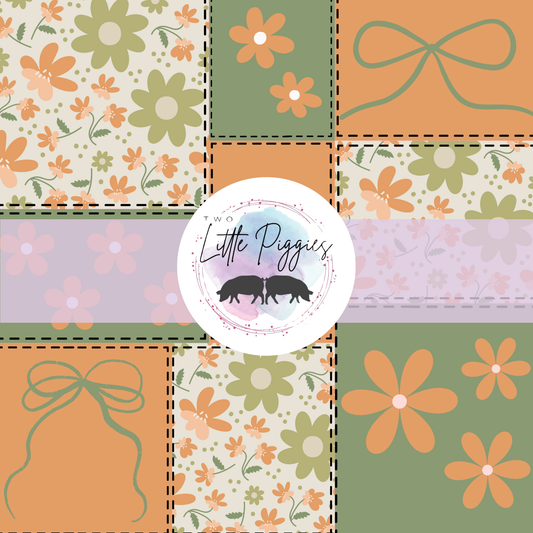 Printed Vinyl - Patchwork - Green and Orange Bows and Flowers